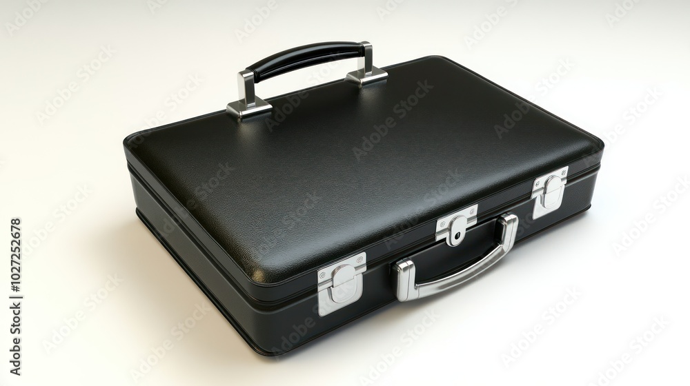A Closed Black Leather Briefcase with Silver Hardware A Closed Black Leather Briefcase with Silver Hardware