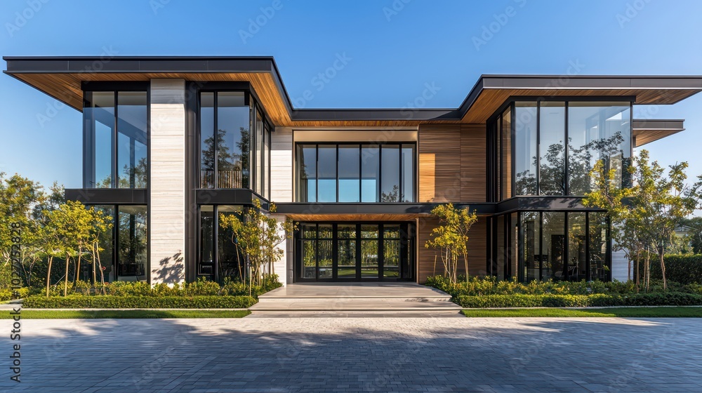Fototapeta premium Front view of a modern, luxurious home with black and white tones, wood accents, and expansive glass windows