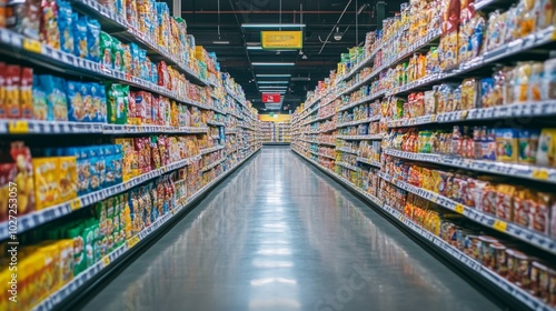 Empty aisle in a supermarket with shelves stocked with goods.