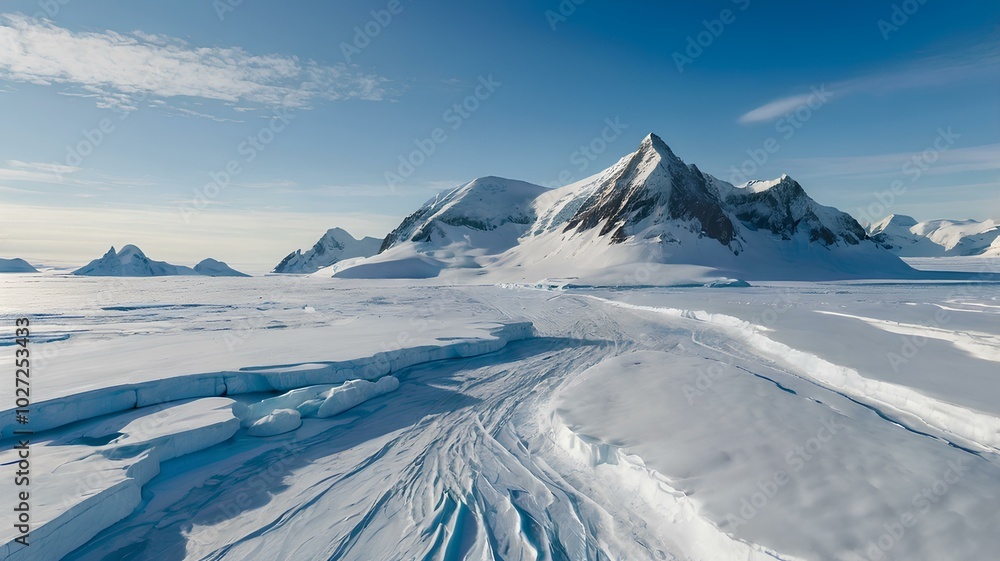 Obraz premium Fly over snow covered arctic winter landscape, towering mountains in background. Aerial view of frozen Antarctica panorama under blue sky in sunny day. Polar frozen ocean.