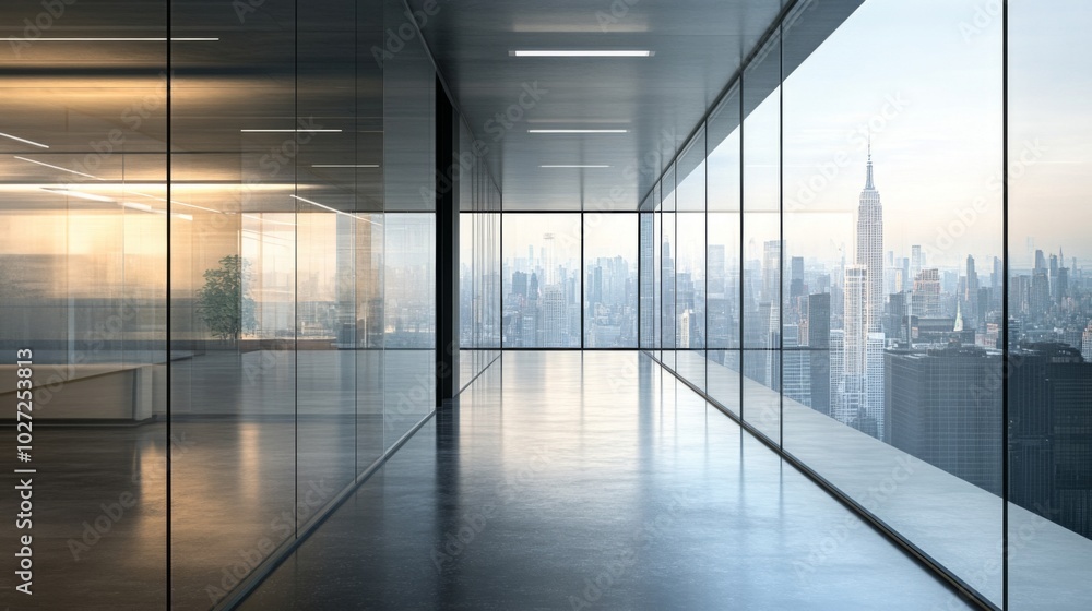 Empty office space with a panoramic view of a city skyline through large windows. Empty office space with a panoramic view of a city skyline through large windows.