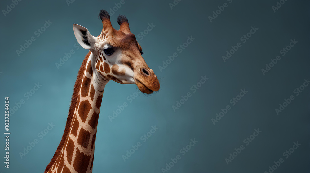 Fototapeta premium Portrait of a giraffe on a blue background, copy space