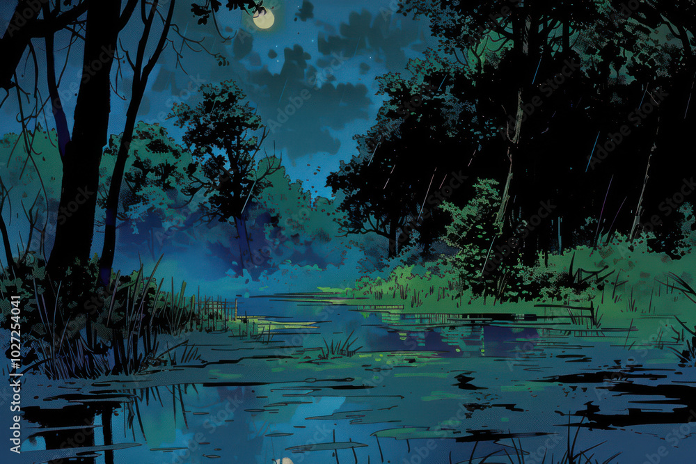 Foggy Swamp Path Under Moonlight