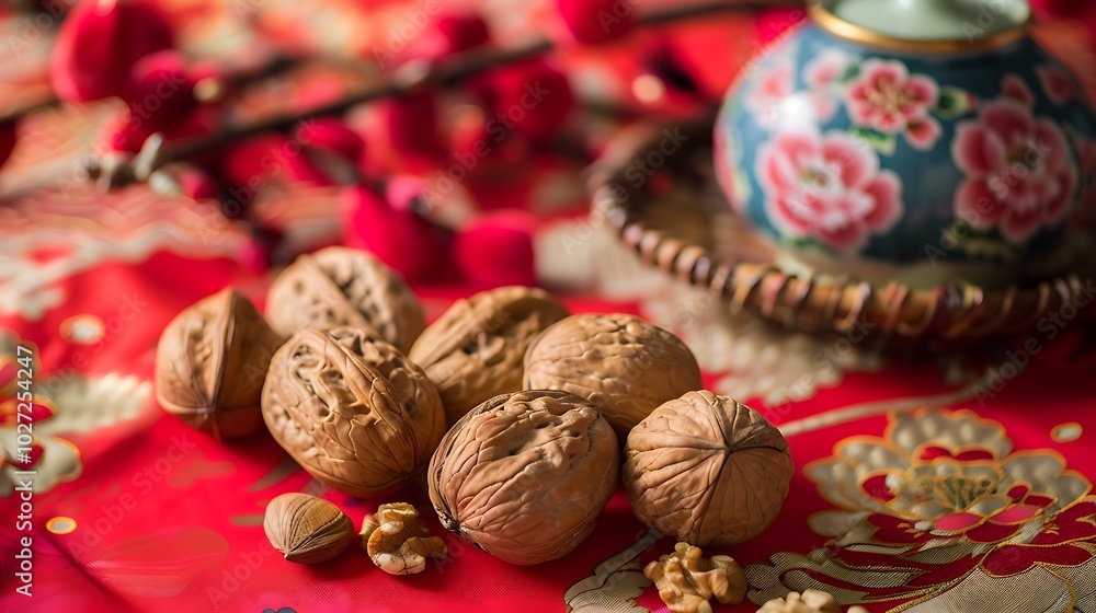 Nuts in the background of red couplets of spring festival Nuts in the background of red couplets of spring festival