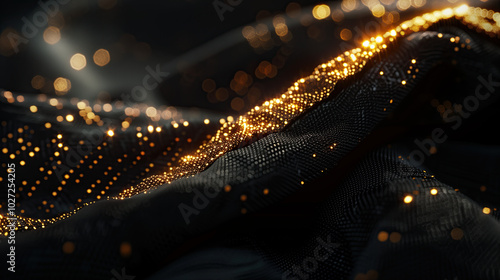 Abstract solemn background with golden twinkling stars on black background.Sparkling mysterious backdrop for projects related to space,astronomy or universe.