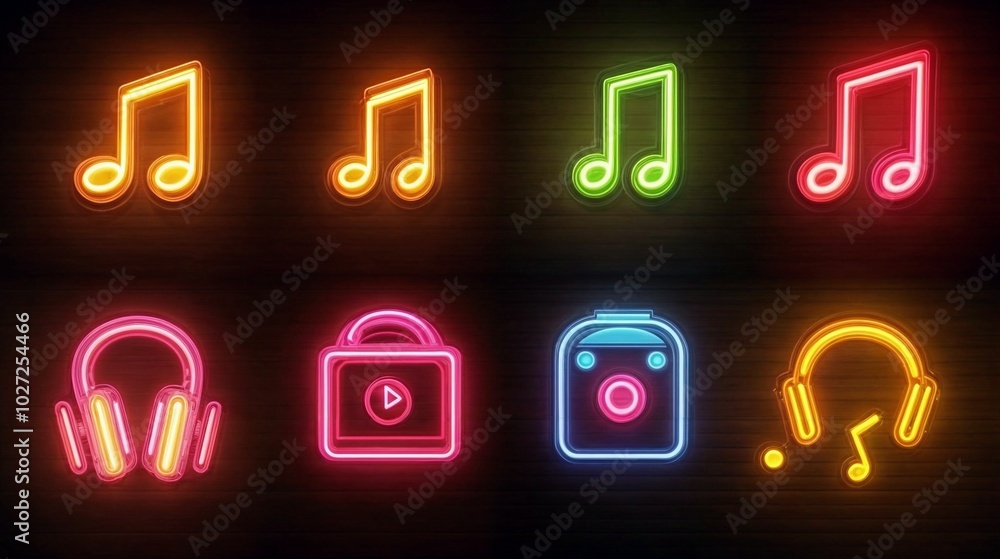 Neon icons of musical notes, headphones, and speakers glow brightly against a dark background. Ideal for nightlife, music, and entertainment-related themes Neon icons of musical notes, headphones, and speakers glow brightly against a dark background. Ideal for nightlife, music, and entertainment-related themes