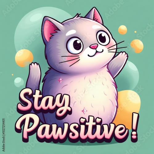 Kawaii Cat T-Shirt Design with Stay Pawsitive Slogan photo