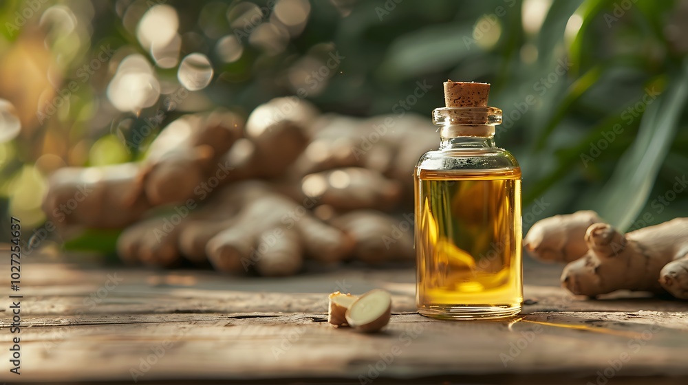 oil of ginger in a small glass bottle macro and root on the table horizontal oil of ginger in a small glass bottle macro and root on the table horizontal