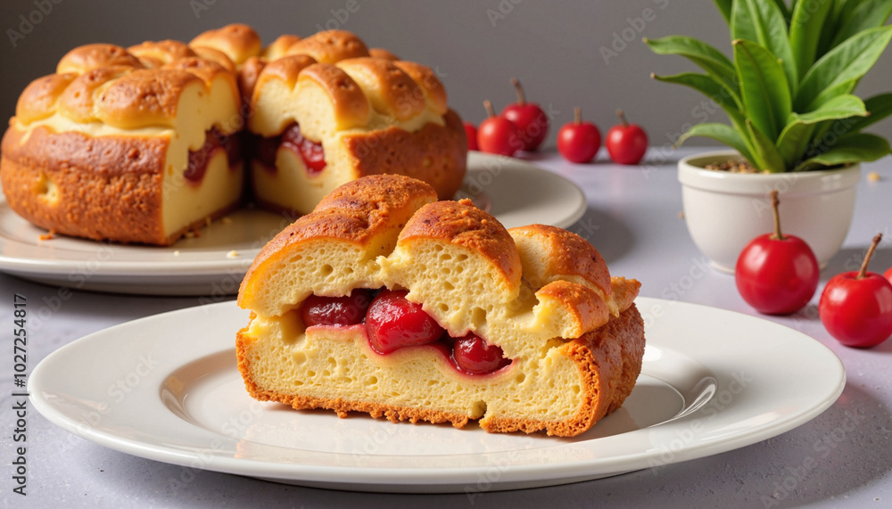 Freshly baked cherry-filled cake slice served on a plate with a whole cake in the background
Freshly baked cherry-filled cake slice served on a plate with a whole cake in the background