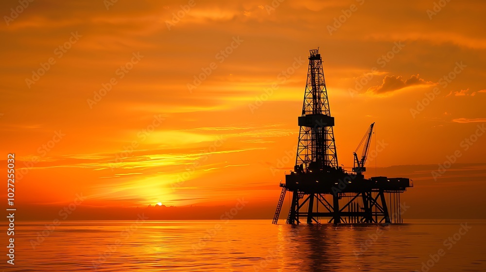 Obraz premium Oil rig silhouette over orange sky