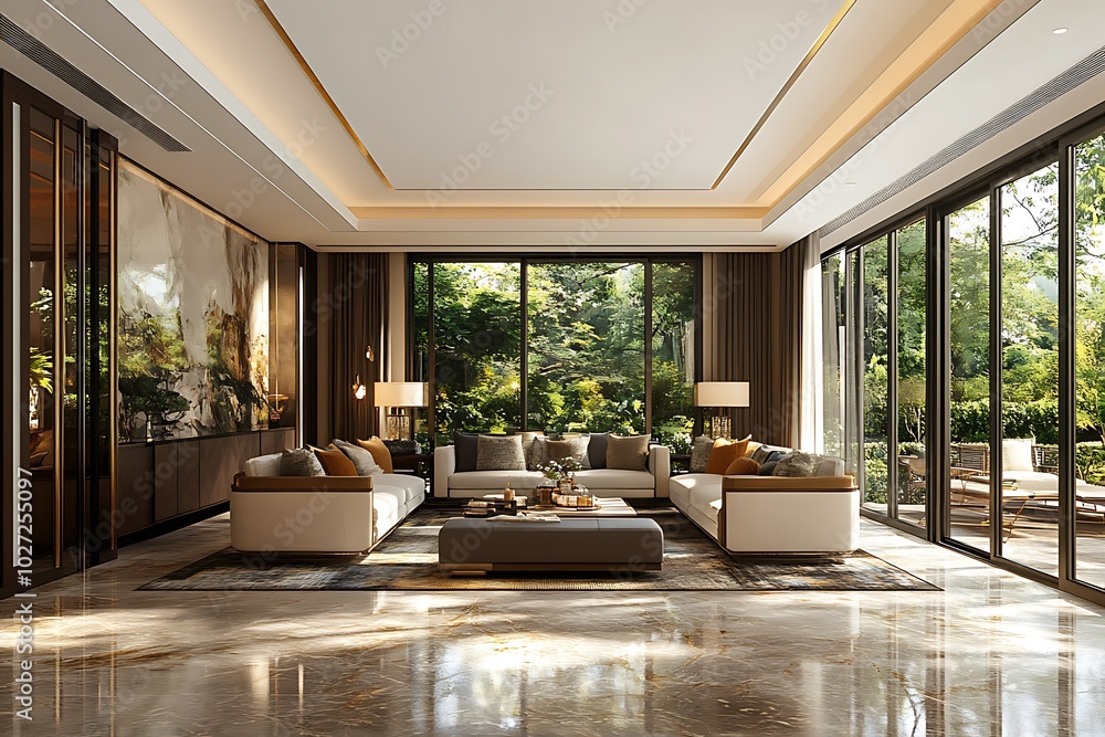 Elegant modern living room with large windows and greenery. Elegant modern living room with large windows and greenery.