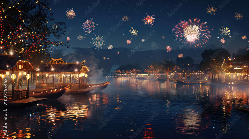 An outdoor New Year festival by the lake, with boats decorated in lights, live music, and fireworks reflecting on the water An outdoor New Year festival by the lake, with boats decorated in lights, live music, and fireworks reflecting on the water