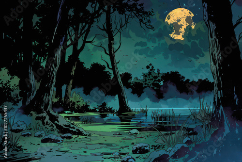 Foggy Swamp Path Under Moonlight