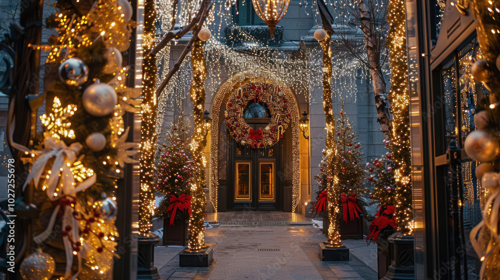 An outdoor space with luxury holiday decorations, including a giant, ornate wreath, twinkling lights, and crystal garlands An outdoor space with luxury holiday decorations, including a giant, ornate wreath, twinkling lights, and crystal garlands