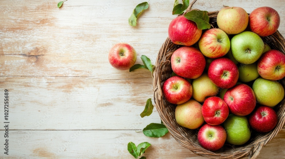 Fresh Apples in a Rustic Basket on Wooden Table Fresh Apples in a Rustic Basket on Wooden Table
