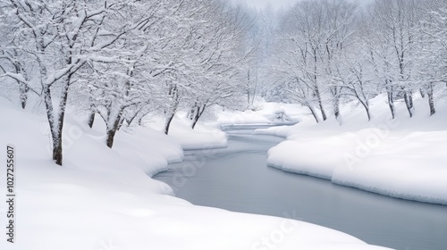 Serene Winter River Landscape with Snow-Covered Trees and Tranquil Waters