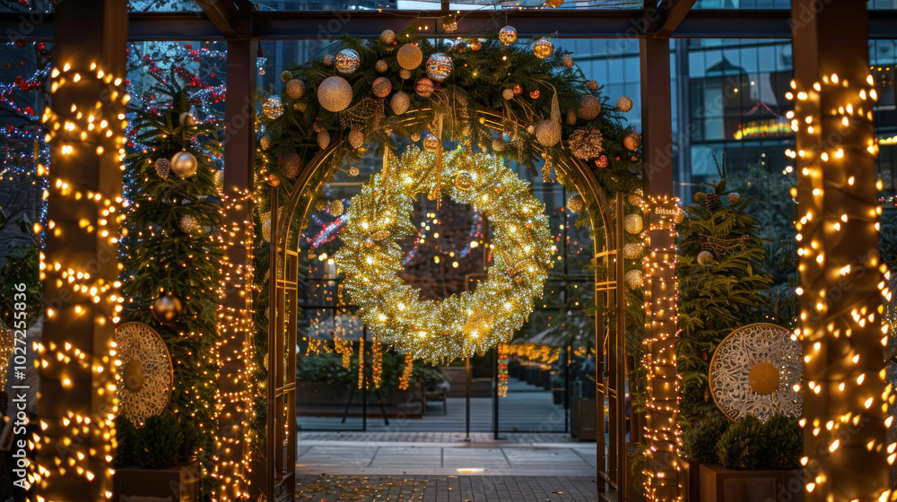 Obraz premium An outdoor space with luxury holiday decorations, including a giant, ornate wreath, twinkling lights, and crystal garlands