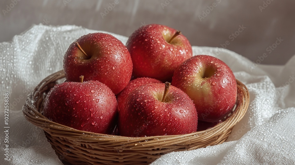 Fresh Red Apples in a Basket with Water Drops Fresh Red Apples in a Basket with Water Drops