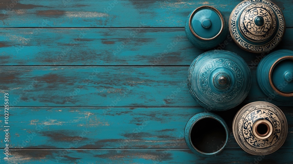 Top view of handmade blue and beige ceramic pots with intricate patterns on a rustic blue wooden table background Top view of handmade blue and beige ceramic pots with intricate patterns on a rustic blue wooden table background