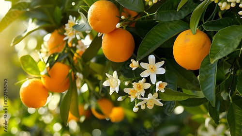 Orange tree with blossoms and clusters of juicy harvest ready oranges