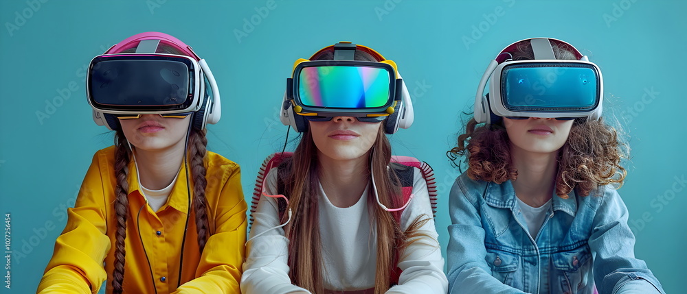 Virtual Reality Wonder: Two young girls, captivated by immersive virtual reality, experience a shared digital adventure. The image showcases the wonder and potential of VR technology for children. Virtual Reality Wonder: Two young girls, captivated by immersive virtual reality, experience a shared digital adventure. The image showcases the wonder and potential of VR technology for children.