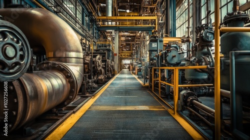 Industrial interior with machinery and yellow safety railings.