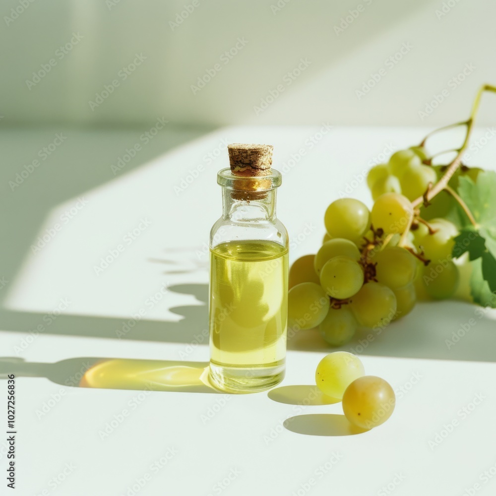 Glass bottle casting shadows on a white surface with grapes nearby, embodies simple elegance and the essence of natural purity. Glass bottle casting shadows on a white surface with grapes nearby, embodies simple elegance and the essence of natural purity.