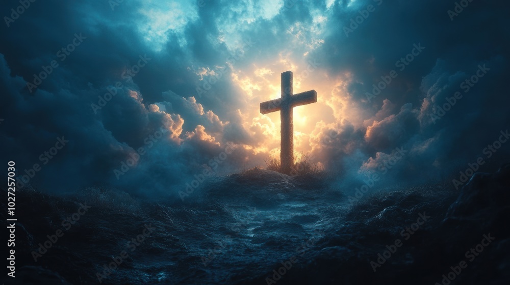 Glowing neon blue cross illuminated in a dark, misty landscape, atmospheric spiritual scene, mysterious glow, religious symbol, faith in a haunting environment, contrast of light and dark Glowing neon blue cross illuminated in a dark, misty landscape, atmospheric spiritual scene, mysterious glow, religious symbol, faith in a haunting environment, contrast of light and dark