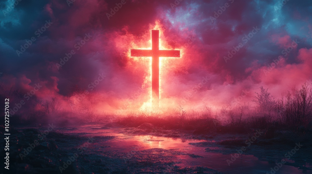 Majestic cross glowing against a dramatic sunset sky, spiritual symbolism in nature, vibrant colors, peaceful religious scene, hope and faith, serene landscape at dusk Majestic cross glowing against a dramatic sunset sky, spiritual symbolism in nature, vibrant colors, peaceful religious scene, hope and faith, serene landscape at dusk