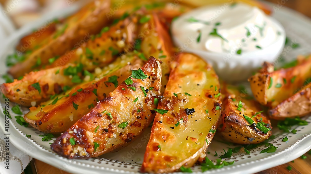 Parmesan and garlic potato wedges with a avocado sour cream dip Parmesan and garlic potato wedges with a avocado sour cream dip