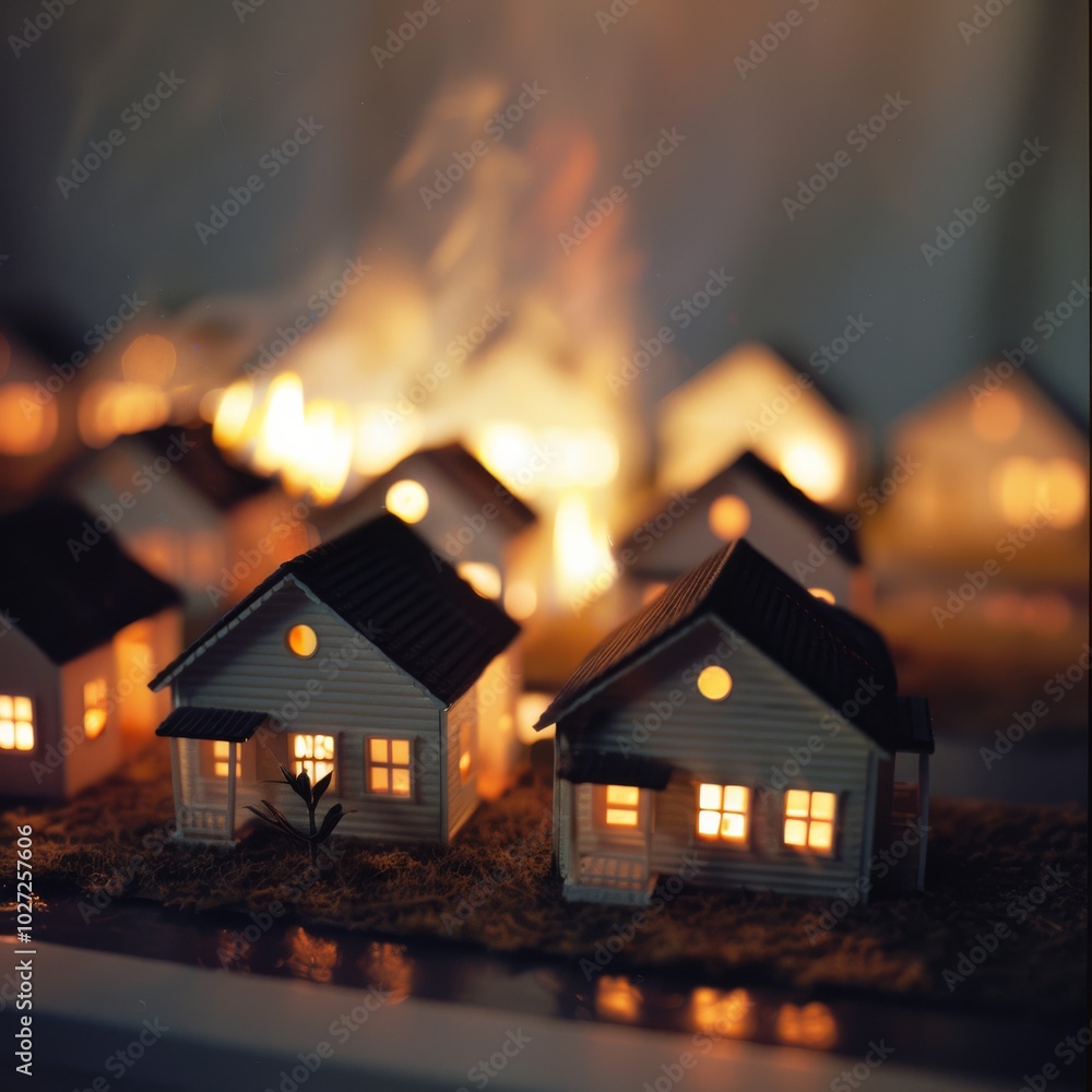Miniature houses glow warmly under evening light, evoking a serene village atmosphere amidst a dreamy, soft background. Miniature houses glow warmly under evening light, evoking a serene village atmosphere amidst a dreamy, soft background.