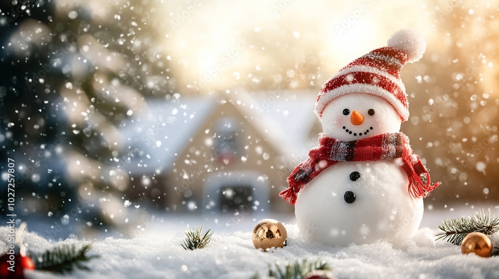 Snowman in winter clothes on modern private house background Snowman in winter clothes on modern private house background