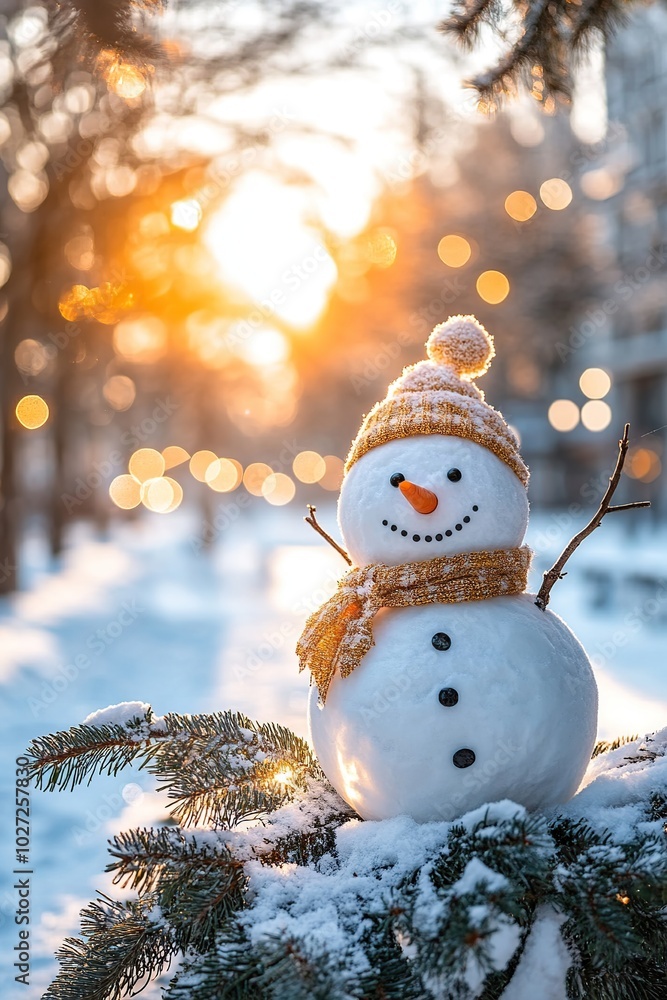 Obraz premium Snowman in winter clothes on park background