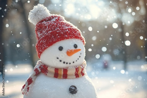 Snowman in winter clothes on park background