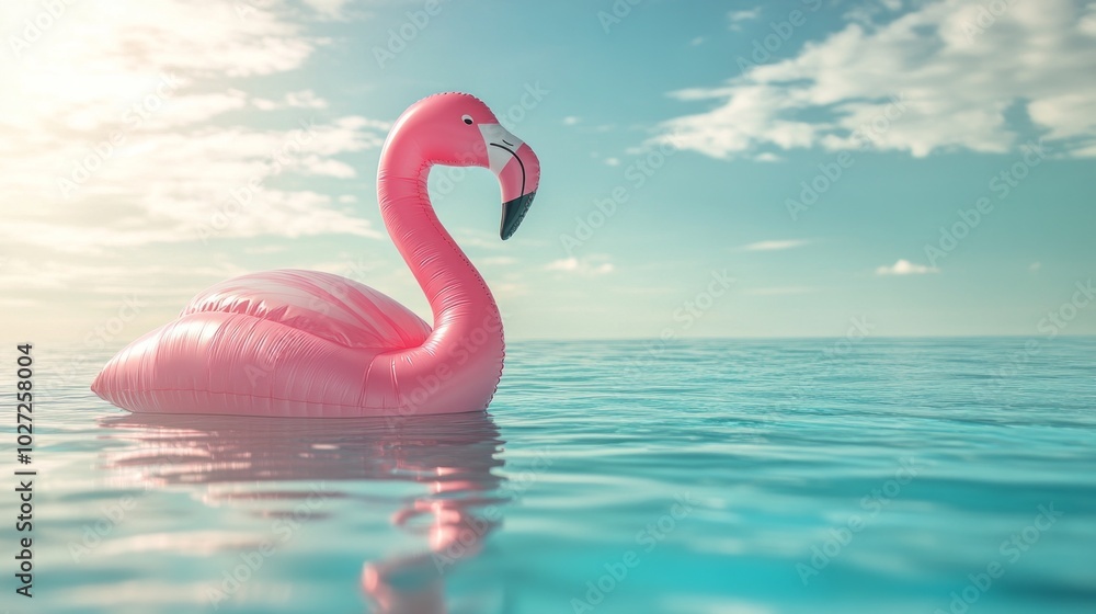 Fototapeta premium A pink inflatable flamingo is floating in the ocean