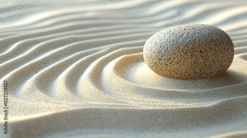 A Single Stone Resting on Rippled Sand in a Zen Garden photo