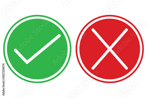 Green and red check mark icon. Check mark icon button set. Check box icon with right and wrong buttons and yes or no checkmark icons in green tick box and red cross. victor illustration.  