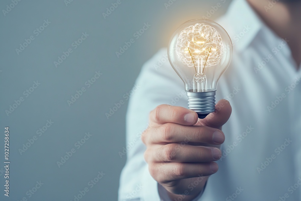 Digital brain inside a lightbulb in businessman hand, artificial intelligence technology Digital brain inside a lightbulb in businessman hand, artificial intelligence technology
