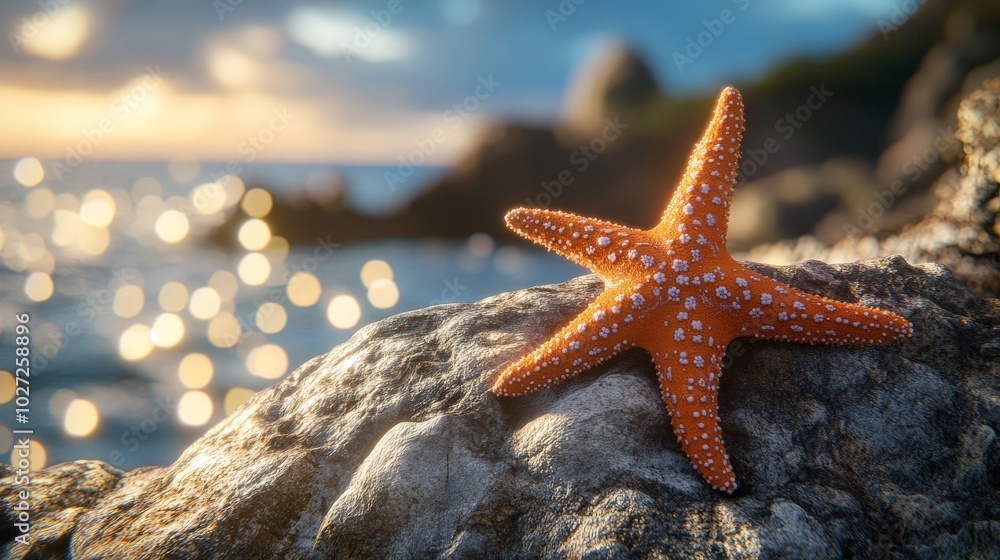 Vibrant Starfish on Coastal Rocks at Sunset Vibrant Starfish on Coastal Rocks at Sunset