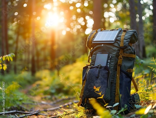 Backpack Charging Devices During Hike Through Sunlit Forest Portable Solar Technology for Outdoor Enthusiasts