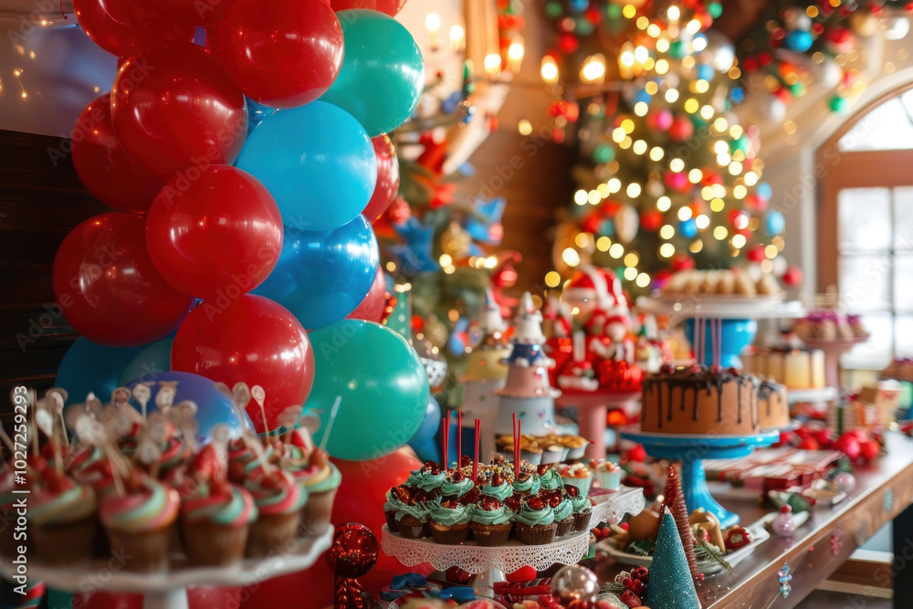 A children's Christmas party with balloons, festive games, and a table full of holiday treats, creating a fun and magical environment A children's Christmas party with balloons, festive games, and a table full of holiday treats, creating a fun and magical environment
