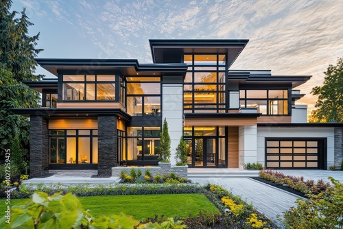 Luxurious house with a modern design, featuring large windows, wood accents, and a sophisticated black and white palette photo