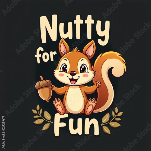 Cute Cartoon Squirrel Holding Acorn Nutty For Fun T-Shirt Design photo