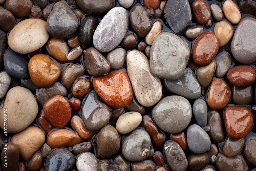 Processed collage of wet pebble stones on asphalt texture. Background for banner, backdrop Processed collage of wet pebble stones on asphalt texture. Background for banner, backdrop
