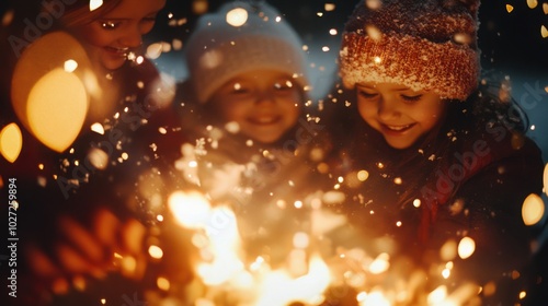 Close-up of snowflakes falling into the fire, with the familya??s faces lit up by the warm flames. photo