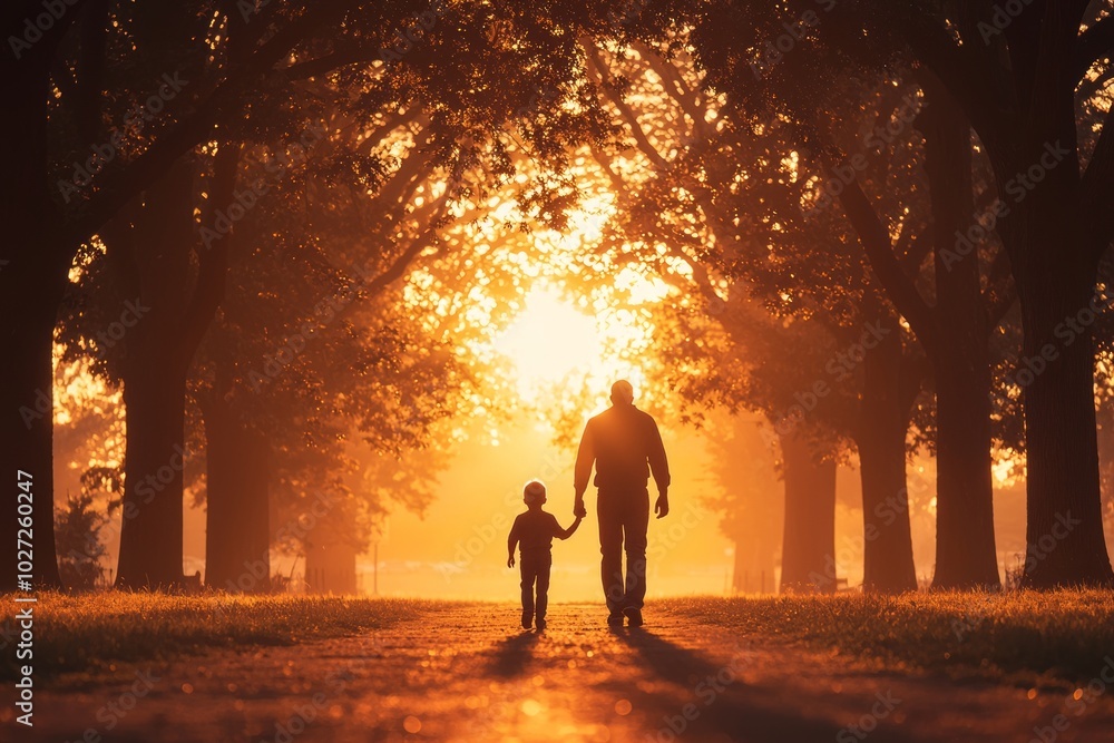 Fototapeta premium Father and son walk hand-in-hand toward the sunset.