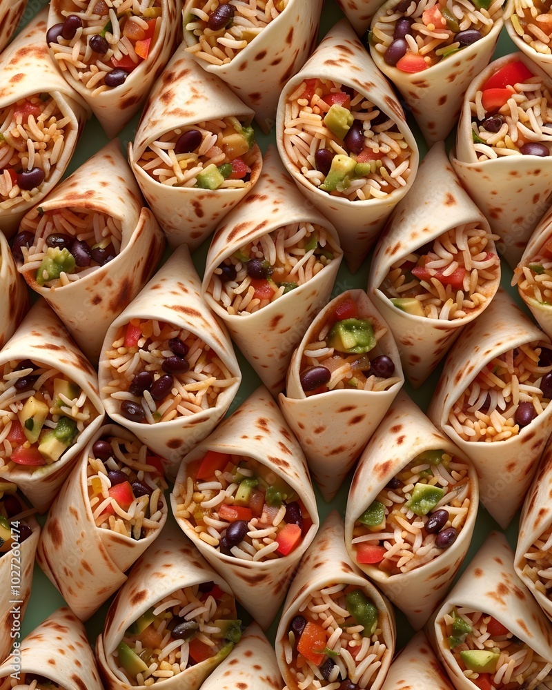 Fototapeta premium Mouthwatering Mini Burrito Pattern Backdrop with Detailed Fillings