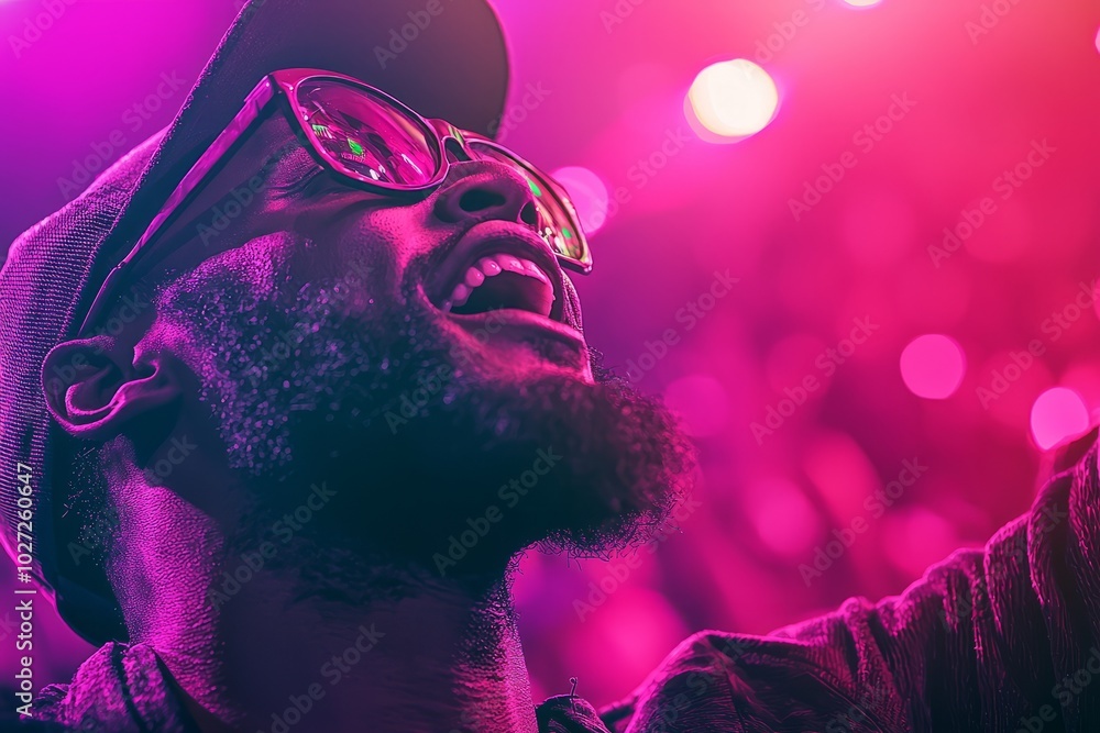 Fototapeta premium A young man sings with passion under colorful stage lights.