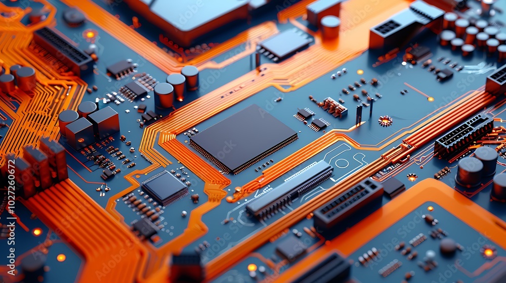 Printed computer motherboard on orange and blue background Printed computer motherboard on orange and blue background