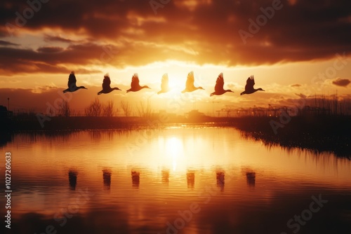 Silhouettes of ducks flying over a lake at sunset.